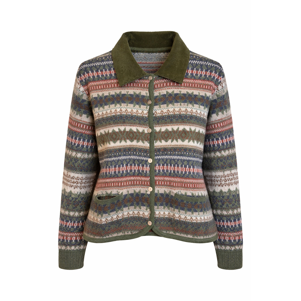 Casual Corner Annex Fair Isle Knit Cardigan Corduroy Collar Cozy Vintage XL